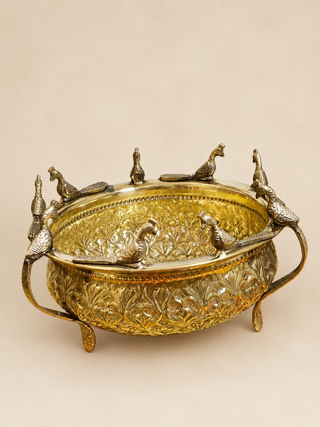 Mayur Royal Pure Brass Decorative Urli with Peacock Accents | 8.5 Inch Handcrafted Bowl