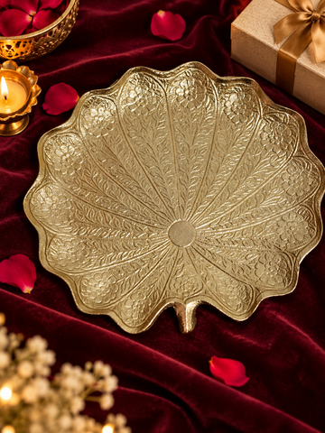 Gold Lotus Leaf Decorative Tray | Handcrafted Aluminium Serving Platter for Gifting & Decor