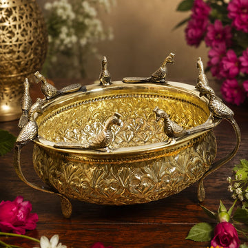 Mayur Royal Pure Brass Decorative Urli with Peacock Accents | 8.5 Inch Handcrafted Bowl