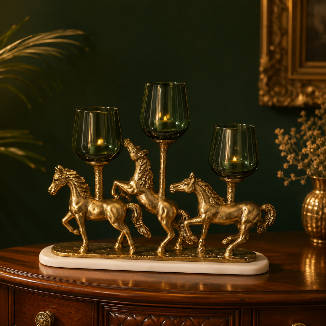 Regal Trio — Golden Horse Candelabra with Smoked Green Glass Votives