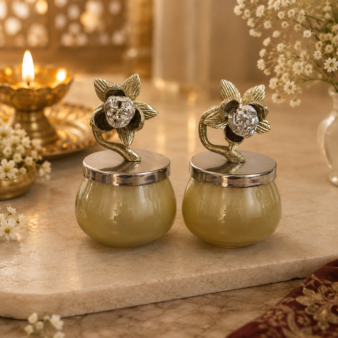 Bloom Luxe Glass Storage Jar Set with Crystal Rose Lid – Set of 2