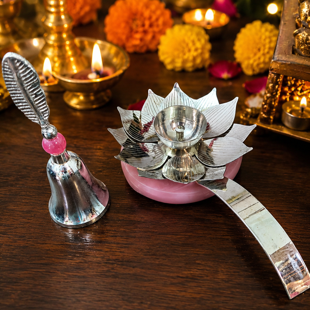 Lotus Diya and Bell Set  – Traditional Pooja & Gift Set