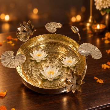 Heavy Brass Lotus Urli | Handcrafted Decorative Bowl with Lily Pad & Flower Accents | Luxury Home & Festive Décor