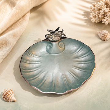 Aqua Patina Shell Platter with Starfish Topper | Coastal-Inspired Decorative Dish
