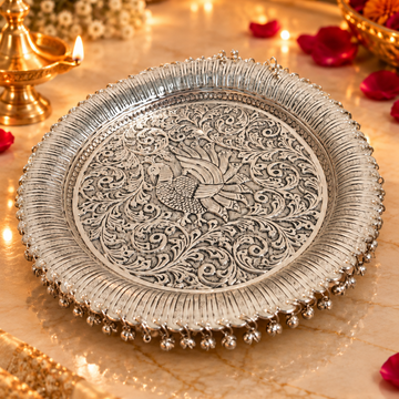 Royal Peacock Brass Silver Thali (11") | Antique Hand-Engraved Brass Pooja Plate