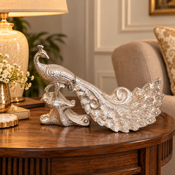 Silver Finish Aluminium Peacock Figurine | Handcrafted Showpiece for Home Decor & Gifting