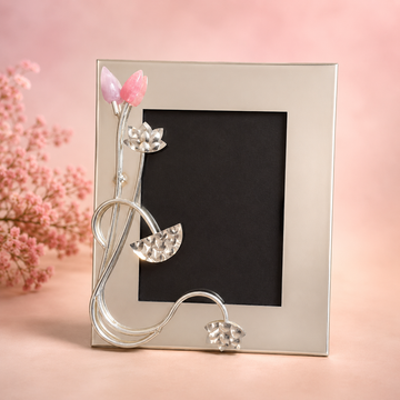 Silver Floral Photo Frame with Pink Gemstone Flowers | Handcrafted Decorative Frame