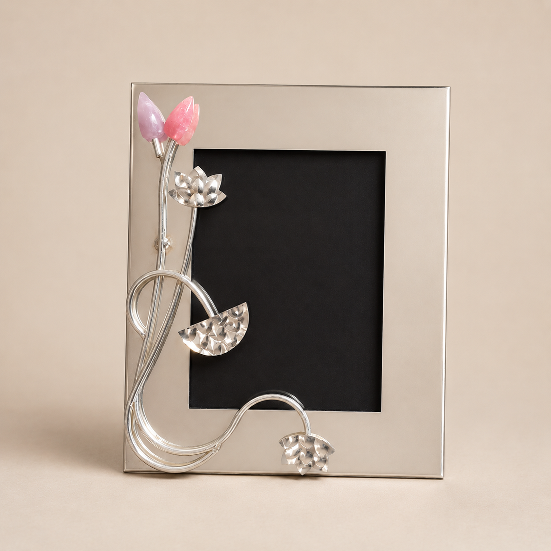 Silver Floral Photo Frame with Pink Gemstone Flowers | Handcrafted Decorative Frame