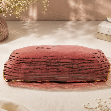 Pink Glass Rectangle Serving Platter with Gold Rim