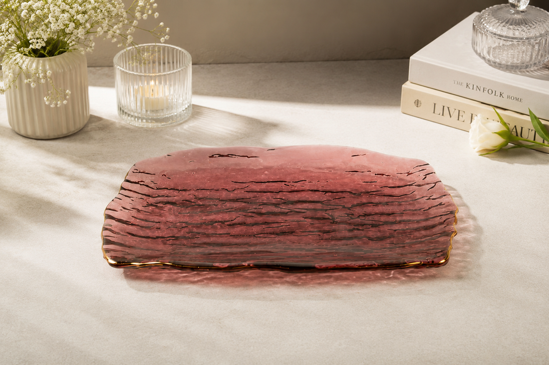 Pink Glass Rectangle Serving Platter with Gold Rim