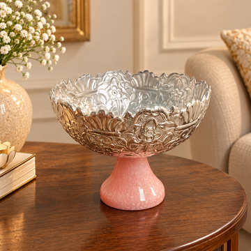 Silver Finish Embossed Bowl on Pink Marble-Effect Pedestal | Decorative Fruit & Dry Fruit Bowl