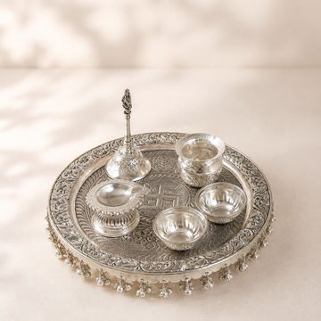 Silver Brass Pooja Thali Gift Set  | Complete Ritual Set with Velvet Gift Box