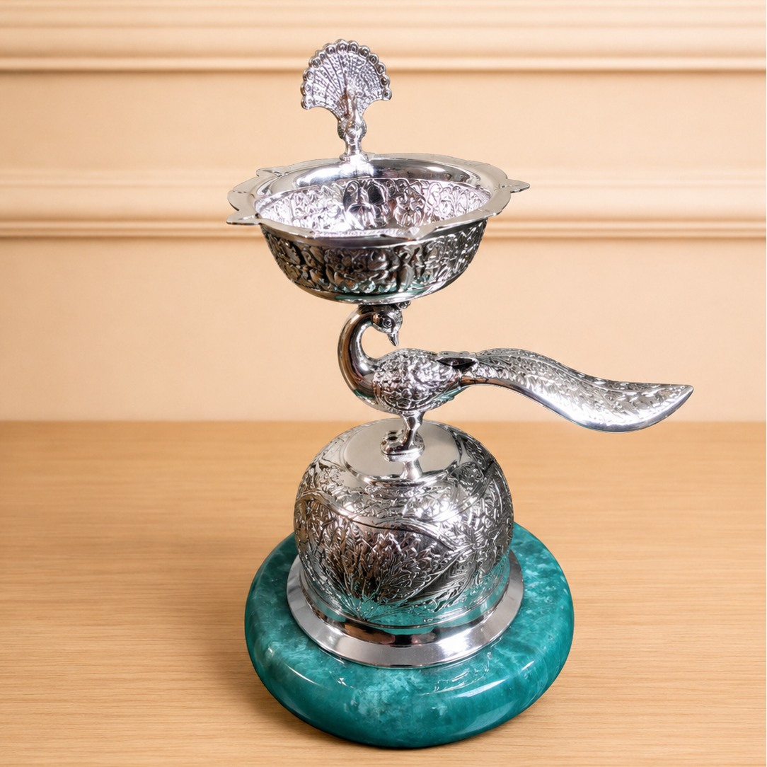 Divine Mayura  Brass Diya- silver