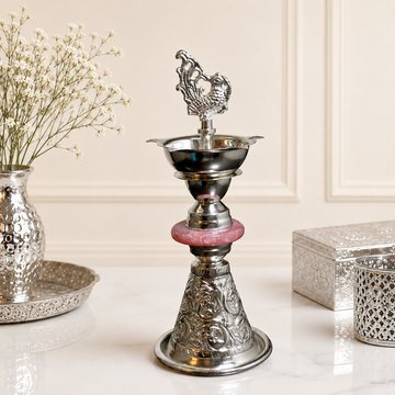 Silver Engraved Samai Lamp with Pink Stone Accent | 10 Inch Traditional Pooja Diya Stand