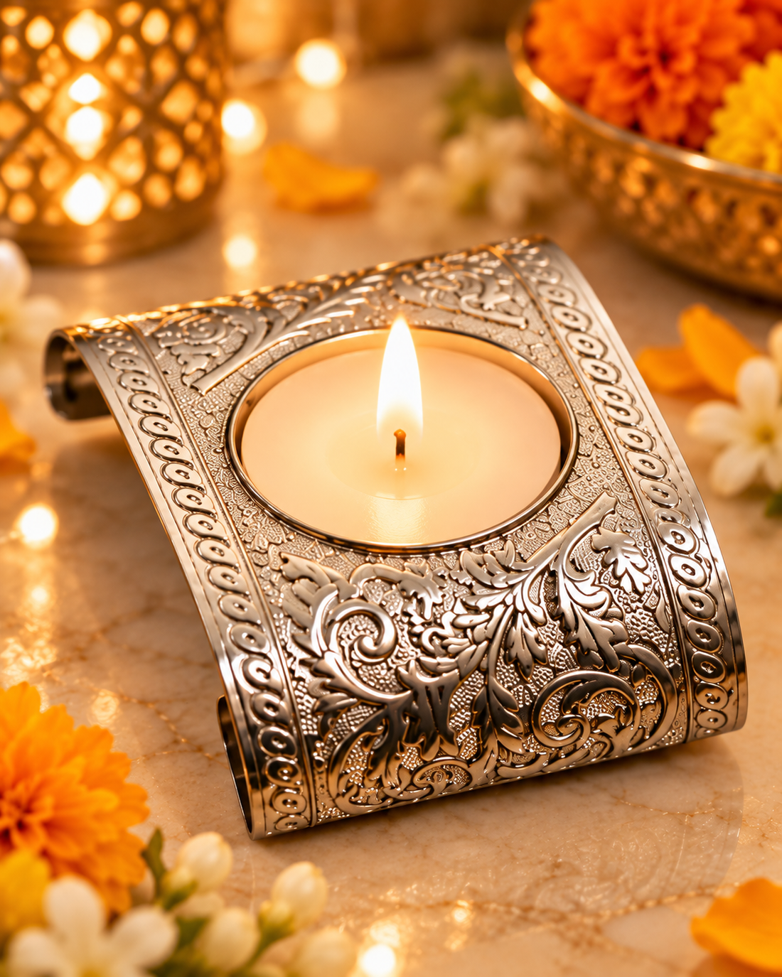 Silver Embossed Tealight Holders | Curved Floral Engraved T-Light Candle Stands