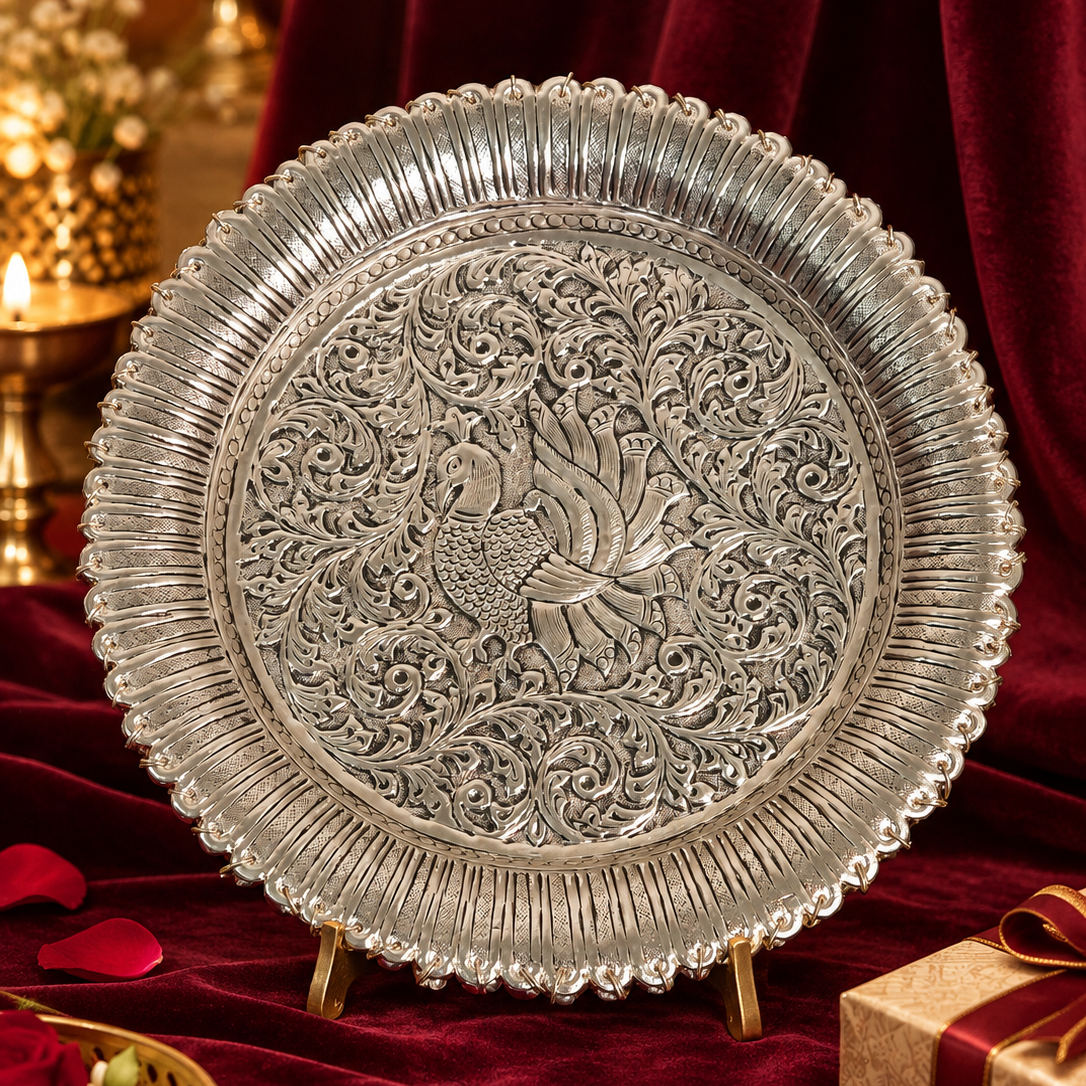 Royal Peacock Brass Silver Thali (11") | Antique Hand-Engraved Brass Pooja Plate