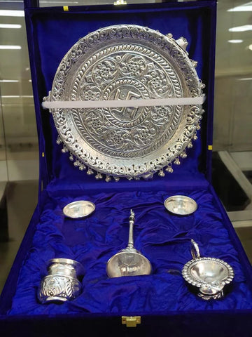 Silver Brass Pooja Thali  with elephant legs Gift Set  | Complete Ritual Set with Velvet Gift Box
