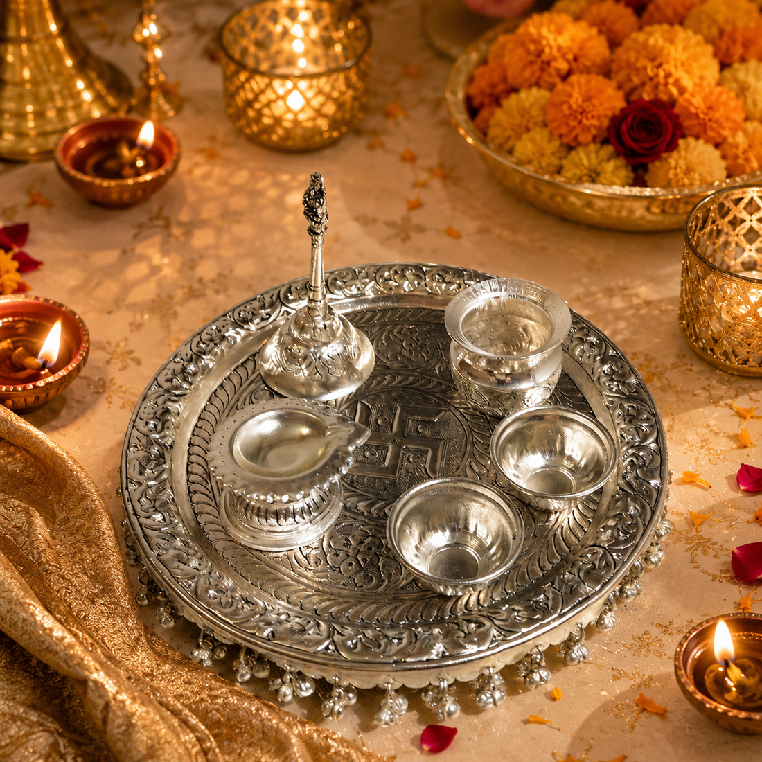 Silver Brass Pooja Thali Gift Set  | Complete Ritual Set with Velvet Gift Box
