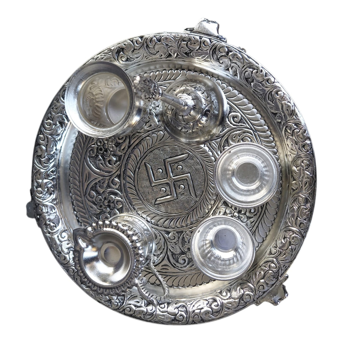 Silver Brass Pooja Thali  with elephant legs Gift Set  | Complete Ritual Set with Velvet Gift Box