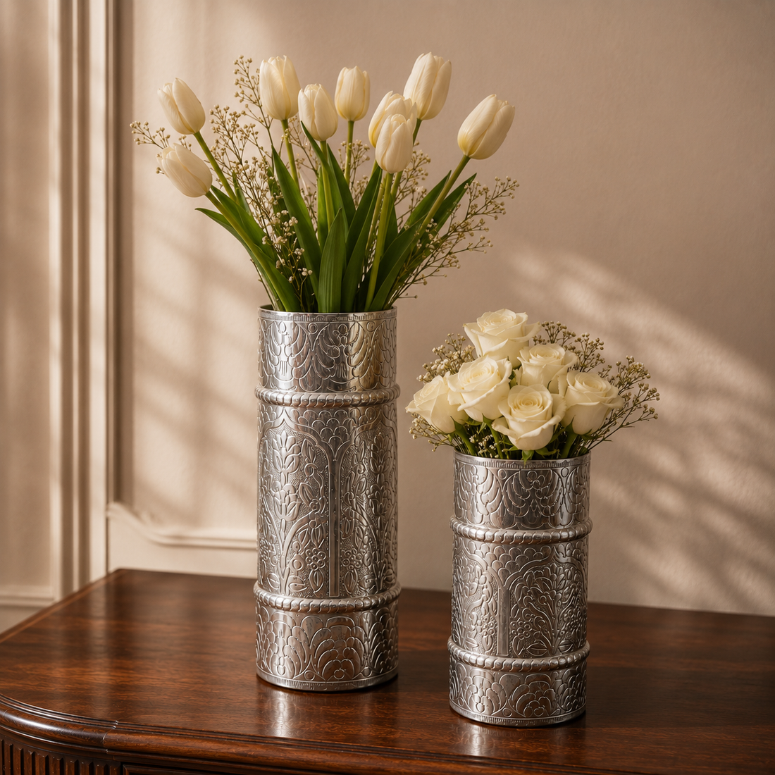 Handcrafted Silver Engraved Vase Set — Repoussé Floral Metal Vases (Set of 2)