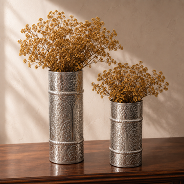 Handcrafted Silver Engraved Vase Set — Repoussé Floral Metal Vases (Set of 2)