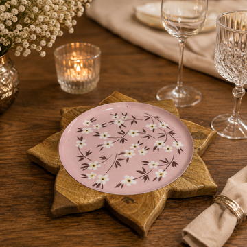 Pink Floral Enamel Plate on Wooden Star Stand | Decorative Serving Platter