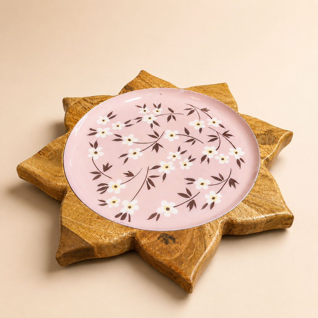 Pink Floral Enamel Plate on Wooden Star Stand | Decorative Serving Platter